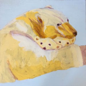 A mother bear cuddles her twin cubs surrounded by icy blue snow. Large Painting by artist Donald Ryker in textured expressionist impressionist art style with unique impasto glaze technique.