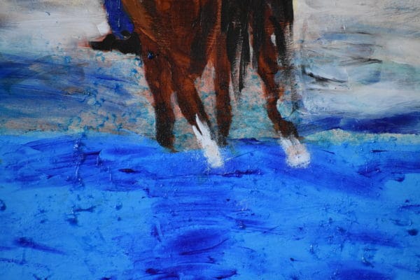 Close-up of A horse and rider cross a stream in the early morning mist. Western. Blue, neutral, burnt Sienna. Large Painting by artist Donald Ryker in expressionist impressionist style with unique impasto glaze technique.