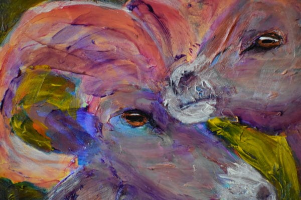 Close-up of Two big-horned rams stand close as they keep their eye on the world around them. Mountain wilderness. Golden green, lavender taupe, coral pink. Large Painting by artist Donald Ryker in textured expressionist impressionist art style with unique impasto glaze technique.