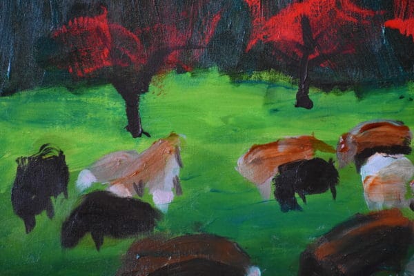 Close-up of A flock of sheep graze peacefully in a shadowed and sunlit meadow with vidid red trees and forest in the background. Pastoral. Blue, green, red, and neutral. Large Painting by artist Donald Ryker in expressionist impressionist art style with unique impasto glaze technique.