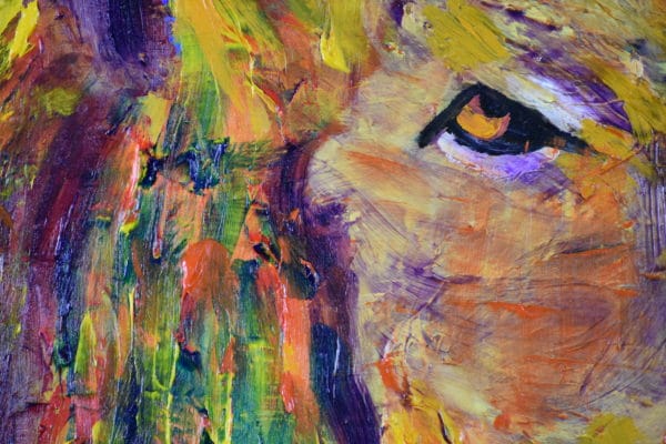 Close-up of Profile of a dignified majestic lion in rainbow stained-glass colors with a backdrop of blue skies and forest. Large Painting by artist Donald Ryker in textured expressionist impressionist art style with unique impasto glaze technique.