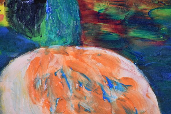 Close-up of A single duck paddles near a multi-colored lake shore. Mountain Forest. Pinetop, AZ. Blue, peach, multi-colored. Large Painting by artist Donald Ryker in textured expressionist impressionist art style with unique impasto glaze technique.