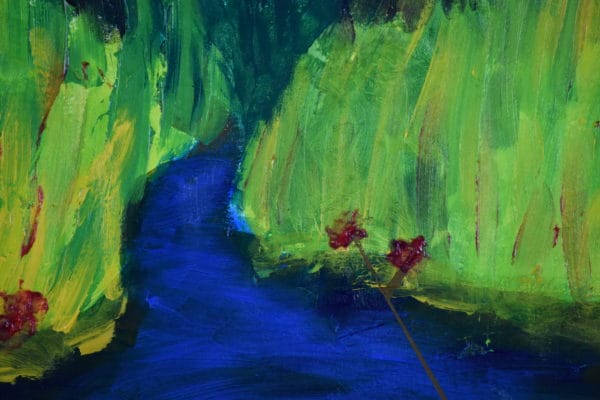 Close-up of Soft field grasses part for a meandering stream with blue skies and forest covered mountains in the background and fuschsia pink flowers on tall stems in the foreground. Large Painting by artist Donald Ryker in textured expressionist impressionist art style with unique impasto glaze technique.