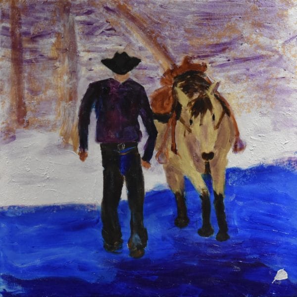 A rider crosses a river walking beside his horse. Western. Winter. Lavender, blue, neutrals, snow. Large Painting by artist Donald Ryker in expressionist impressionist style with unique impasto glaze technique.