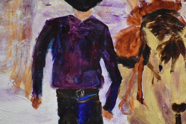 Close-up of A rider crosses a river walking beside his horse. Western. Winter. Lavender, blue, neutrals, snow. Large Painting by artist Donald Ryker in expressionist impressionist style with unique impasto glaze technique.