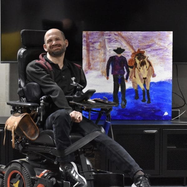 Donald Ryker artist sitting beside A rider crosses a river walking beside his horse. Western. Winter. Lavender, blue, neutrals, snow. Large Painting by artist Donald Ryker in expressionist impressionist style with unique impasto glaze technique.