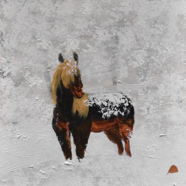 A lone horse dusted with drifting snow stands in a field with the silent forest behind. Umber and white. Large painting by artist Donald Ryker in expressionist impressionist style with unique impasto glaze technique.