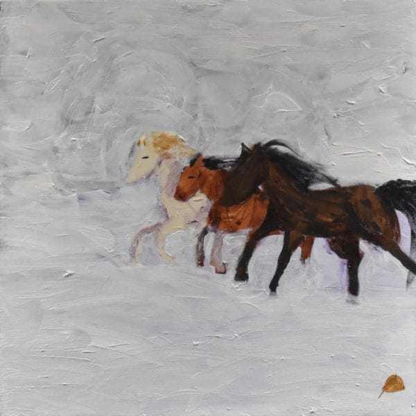 Three horses race through a snow covered field. Western. Winter. Tints of white, shades of brown. Large Painting by artist Donald Ryker in expressionist impressionist style with unique impasto glaze technique.