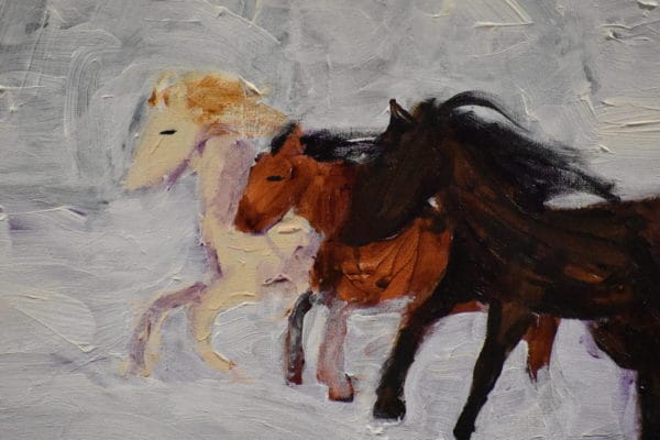 Close-up of Three horses race through a snow covered field. Western. Winter. Tints of white, shades of brown. Large Painting by artist Donald Ryker in expressionist impressionist style with unique impasto glaze technique.