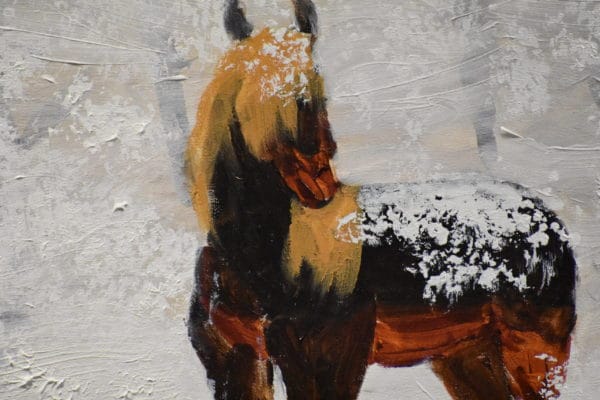 Close-up of A lone horse dusted with drifting snow stands in a field with the silent forest behind. Umber and white. Large painting by artist Donald Ryker in expressionist impressionist style with unique impasto glaze technique.