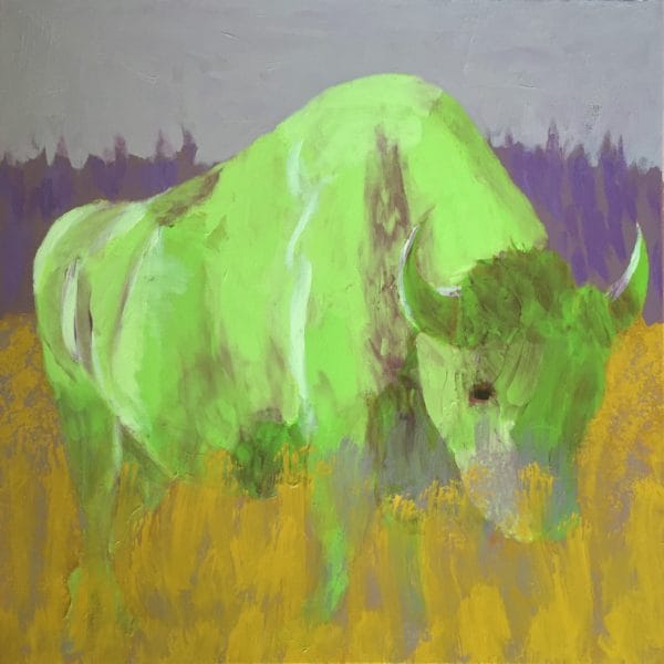 Green bison grazes on a golden plain with lavender hills in the background. Large Painting by artist Donald Ryker in textured expressionist impressionist art style with unique impasto glaze technique.