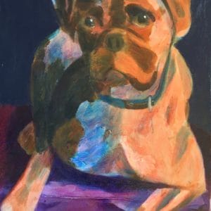 A boxer rests on a purple chair looking a little worried and ready to jump any moment. Brown, Purple. Large Painting by artist Donald Ryker in textured expressionist impressionist art style with unique impasto glaze technique.