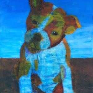 An orange bulldog puppy cocks his head in curiosity as the blue sky washes over him. Large Painting by artist Donald Ryker in textured expressionist impressionist art style with unique impasto glaze technique.
