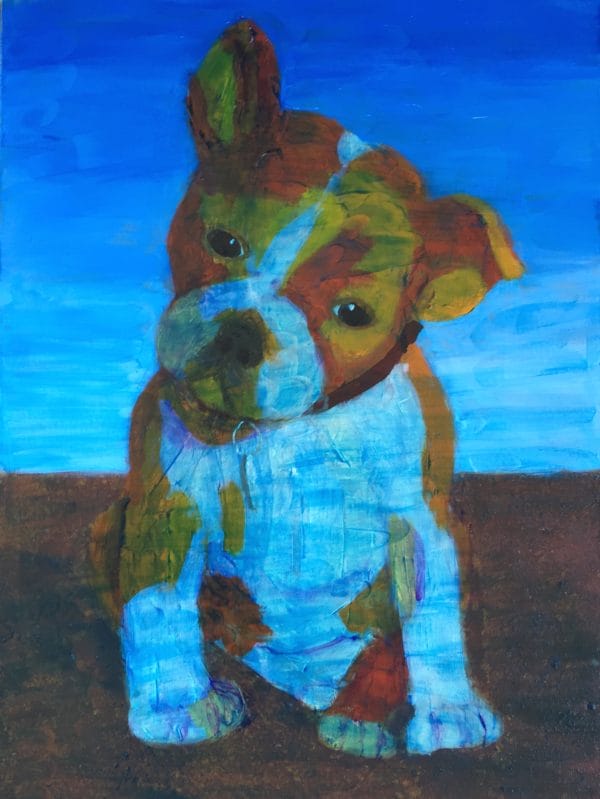 An orange bulldog puppy cocks his head in curiosity as the blue sky washes over him. Large Painting by artist Donald Ryker in textured expressionist impressionist art style with unique impasto glaze technique.