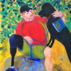 A veteran with a prosthetic leg pauses during his hike to pet his service dog. Red, green, gold, teal, blue. Large Painting by artist Donald Ryker in textured expressionist impressionist art style with unique impasto glaze technique.