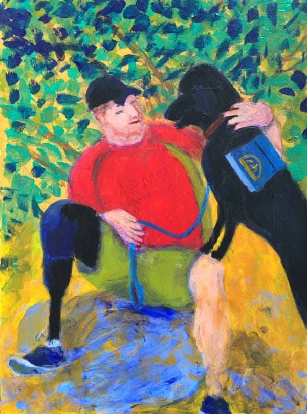 A veteran with a prosthetic leg pauses during his hike to pet his service dog. Red, green, gold, teal, blue. Large Painting by artist Donald Ryker in textured expressionist impressionist art style with unique impasto glaze technique.
