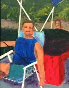 The artist and his sister boating and fishing on the lake. Mountain lake. Red, blue, green. Large Painting by artist Donald Ryker in textured expressionist impressionist art style with unique impasto glaze technique.