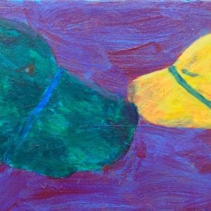 An adult black lab and a yellow lab puppy stretching out their necks to touch noses, with a red on blue background. Blue, Yellow, Red. Large Painting by artist Donald Ryker in textured expressionist impressionist art style with unique impasto glaze technique.