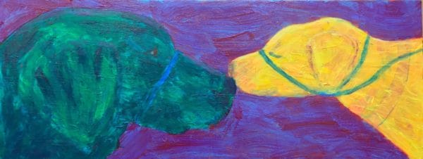 An adult black lab and a yellow lab puppy stretching out their necks to touch noses, with a red on blue background. Blue, Yellow, Red. Large Painting by artist Donald Ryker in textured expressionist impressionist art style with unique impasto glaze technique.