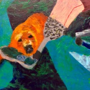 A service dog rests his head on the prosthetic foot of his owner while waiting for office work to be finished. Teal, orange, grey. Large Painting by artist Donald Ryker in textured expressionist impressionist art style with unique impasto glaze technique.