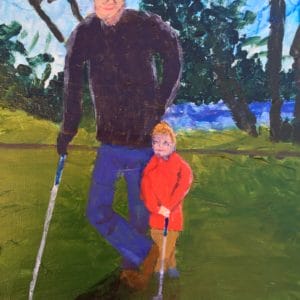 Grandfather and grandson golfing at Penn Valley. Mountain. Green, red, blue, purple. Large Painting by artist Donald Ryker in textured expressionist impressionist art style with unique impasto glaze technique.