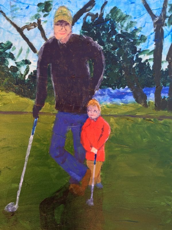 Grandfather and grandson golfing at Penn Valley. Mountain. Green, red, blue, purple. Large Painting by artist Donald Ryker in textured expressionist impressionist art style with unique impasto glaze technique.