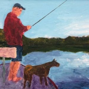 A fisherman and his dog on the bow of a boat on a sunny day with the reflection of the mountains and clear blue sky on the lake water. Mountain. Blue, green, red, purple. Large Painting by artist Donald Ryker in textured expressionist impressionist art style with unique impasto glaze technique.