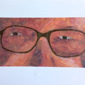 Wise eyes looking through glasses. Large Painting by artist Donald Ryker in textured expressionist impressionist art style with unique impasto glaze technique.