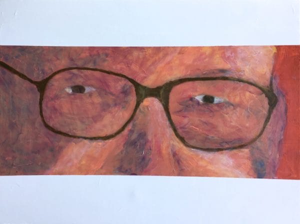 Wise eyes looking through glasses. Large Painting by artist Donald Ryker in textured expressionist impressionist art style with unique impasto glaze technique.
