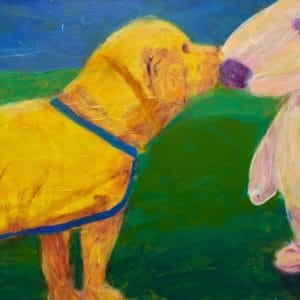 A future service dog puppy with his first training vest meets Snoopy! Blue, green, yellow, purple. Large Painting by artist Donald Ryker in textured expressionist impressionist art style with unique impasto glaze technique.