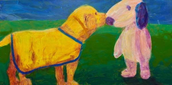 A future service dog puppy with his first training vest meets Snoopy! Blue, green, yellow, purple. Large Painting by artist Donald Ryker in textured expressionist impressionist art style with unique impasto glaze technique.