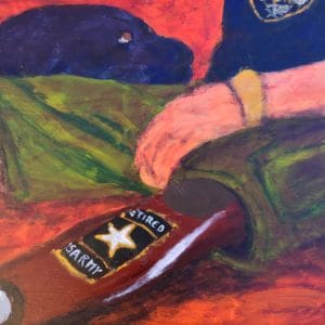 A veteran with prosthetic leg sits with his black lab service dog. Orange, green, blue. Large Painting by artist Donald Ryker in textured expressionist impressionist art style with unique impasto glaze technique.