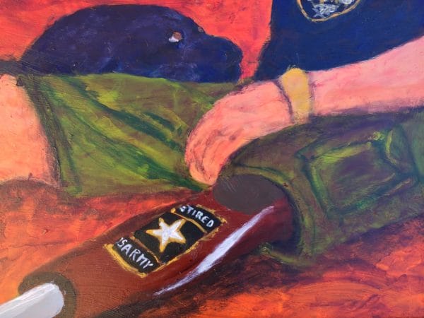 A veteran with prosthetic leg sits with his black lab service dog. Orange, green, blue. Large Painting by artist Donald Ryker in textured expressionist impressionist art style with unique impasto glaze technique.
