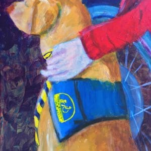 A person in a manual wheelchair rests her hand on her golden service dog. Gold, Blue, Purple, Red. Large Painting by artist Donald Ryker in textured expressionist impressionist art style with unique impasto glaze technique.