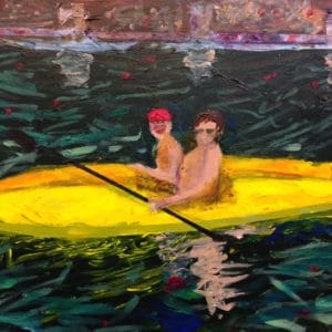 Two kayakers at Penn Valley Lake with brick pathway in the background. Mountain Forest. Hunter green, yellow. Large Painting by artist Donald Ryker in textured expressionist impressionist art style with unique impasto glaze technique.