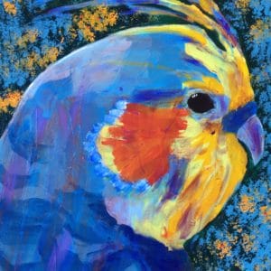 Profile of a bright blue and yellow cockatiel agains flowering foliage. Jungle. Tropical. Blue, Orange, Yellow, Green. Large Painting by artist Donald Ryker in textured expressionist impressionist art style with unique impasto glaze technique.