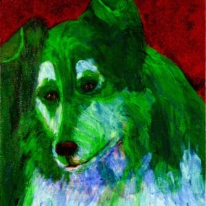 A jewel-tone green collie looks gently into the distance with a ruby red background. Red, Green. Large Painting by artist Donald Ryker in textured expressionist impressionist art style with unique impasto glaze technique.