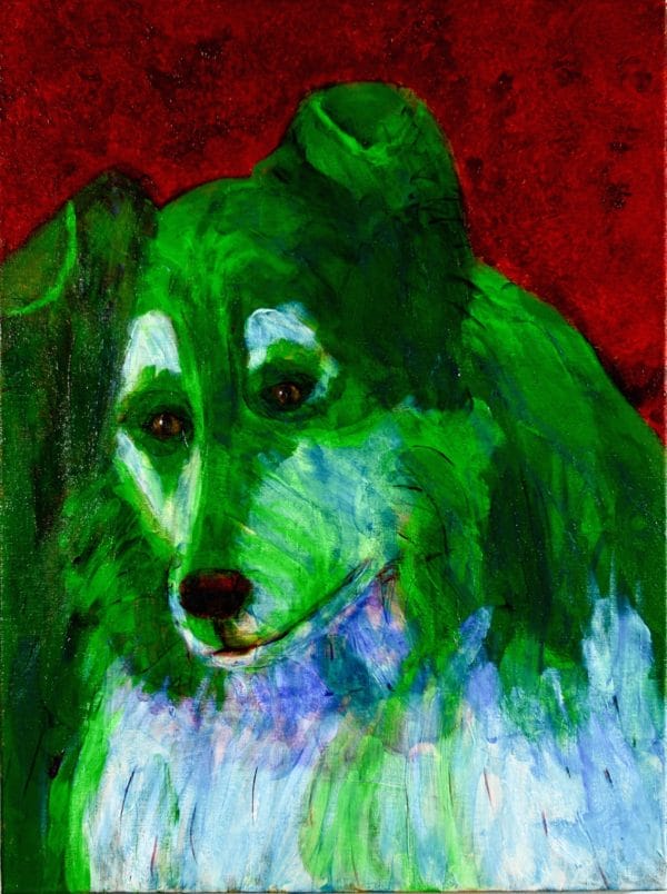A jewel-tone green collie looks gently into the distance with a ruby red background. Red, Green. Large Painting by artist Donald Ryker in textured expressionist impressionist art style with unique impasto glaze technique.