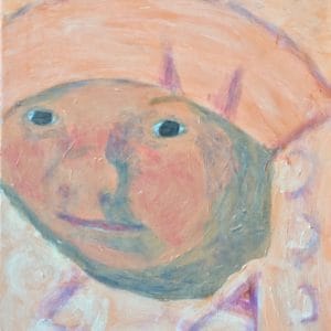 A baby is snuggled in a fluffy blanket of pastel tones. Peach, lavender, rose. Large Painting by artist Donald Ryker in textured expressionist impressionist art style with unique impasto glaze technique.