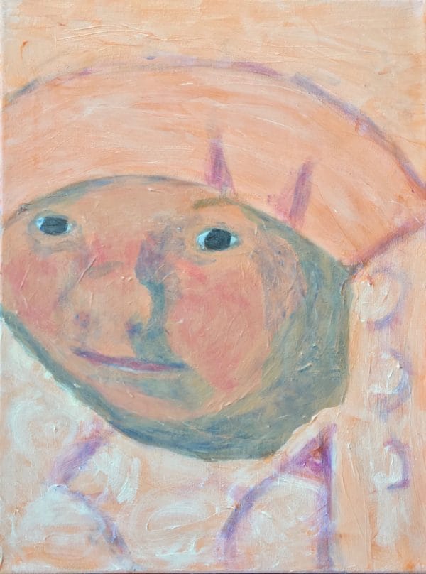 A baby is snuggled in a fluffy blanket of pastel tones. Peach, lavender, rose. Large Painting by artist Donald Ryker in textured expressionist impressionist art style with unique impasto glaze technique.