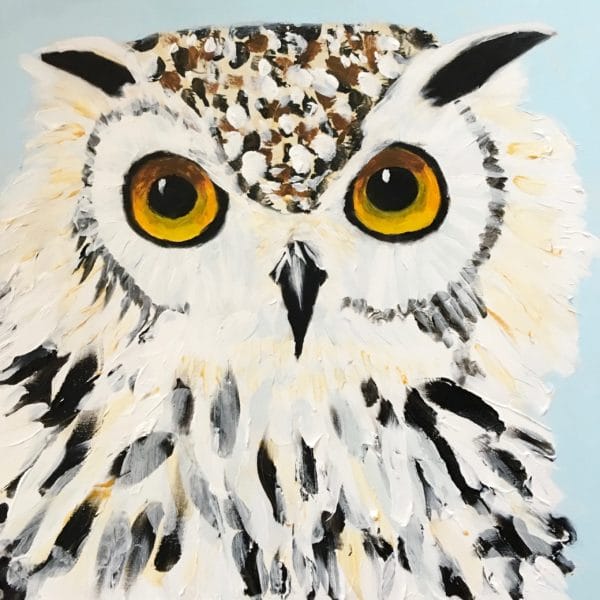 Snowy white owl with luminous eyes gazes at the viewer. Large Painting by artist Donald Ryker in textured expressionist impressionist art style with unique impasto glaze technique.
