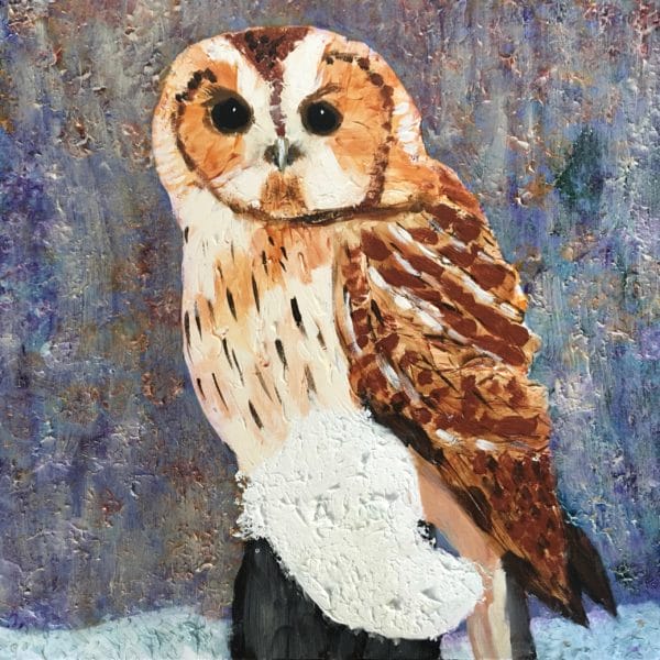 A brown owl sits on a snow topped fence post on a misty winter morning. Mountain. Brown, Gray, Blue. Large Painting by artist Donald Ryker in textured expressionist impressionist art style with unique impasto glaze technique.