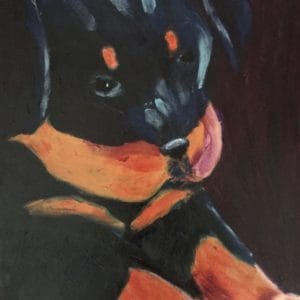 A young Rottweiler puppy stretches out his paws. Orange, Purple, Black. Large Painting by artist Donald Ryker in textured expressionist impressionist art style with unique impasto glaze technique.