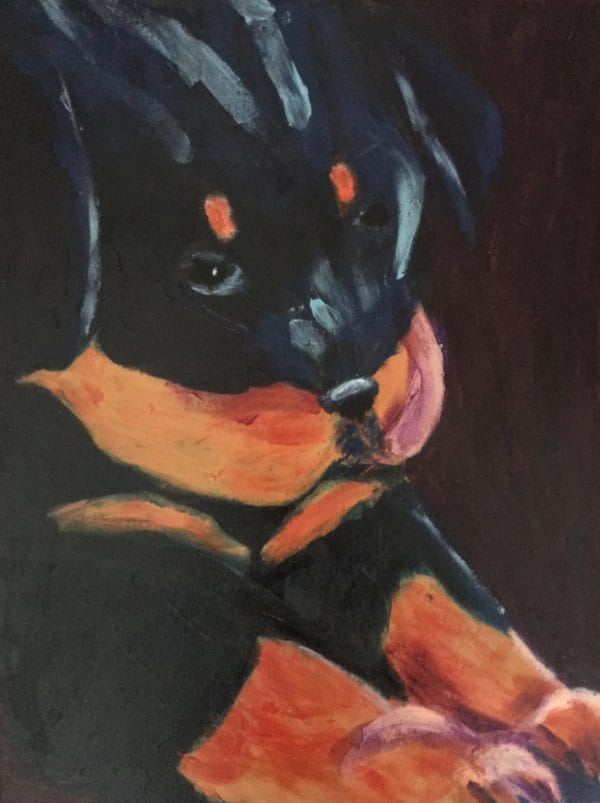 A young Rottweiler puppy stretches out his paws. Orange, Purple, Black. Large Painting by artist Donald Ryker in textured expressionist impressionist art style with unique impasto glaze technique.