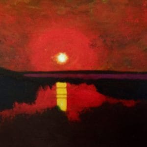 At sunset the sky and waters glow red with the setting sun reflected in the river surrounded by shadowed embankments. Red, Yellow, Purple. Large Painting by artist Donald Ryker in textured expressionist impressionist art style with unique impasto glaze technique.
