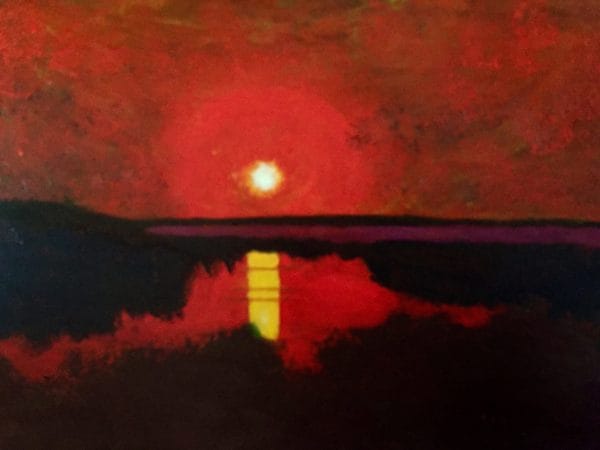 At sunset the sky and waters glow red with the setting sun reflected in the river surrounded by shadowed embankments. Red, Yellow, Purple. Large Painting by artist Donald Ryker in textured expressionist impressionist art style with unique impasto glaze technique.