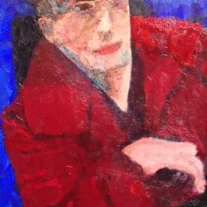 Donald Ryker's self portrait - sitting in his electric wheelchair with a red jacket and cap. Red, Blue. Large Painting by artist Donald Ryker in textured expressionist impressionist art style with unique impasto glaze technique.