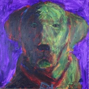 Sunlight and shadow define the serious and intent gaze of this black lab. Purple, Red, Yellow. Large Painting by artist Donald Ryker in textured expressionist impressionist art style with unique impasto glaze technique.