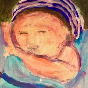 A cosy newborn boy snuggles with his cap and blanket. Blue, peach, lavender. Large Painting by artist Donald Ryker in textured expressionist impressionist art style with unique impasto glaze technique.