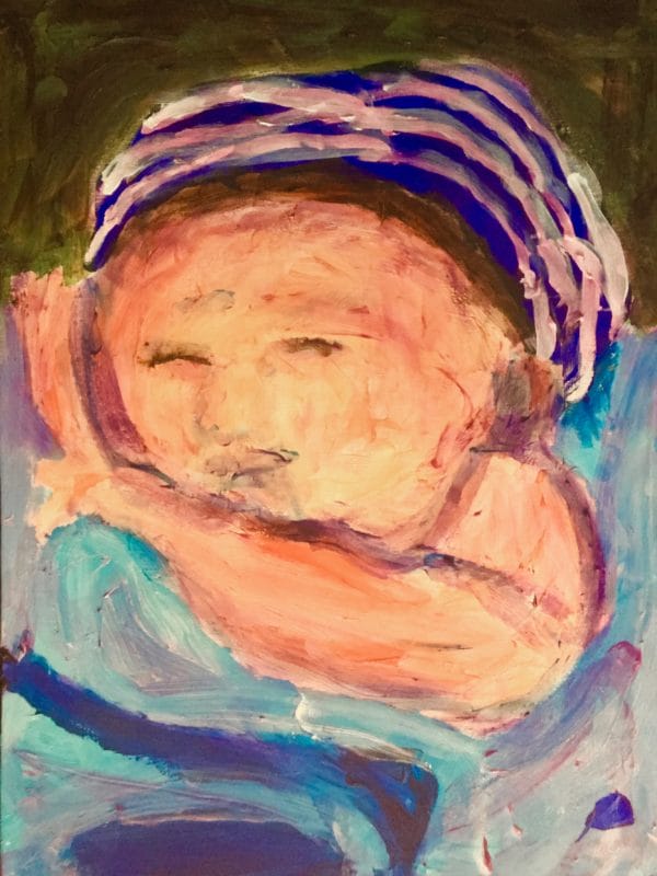 A cosy newborn boy snuggles with his cap and blanket. Blue, peach, lavender. Large Painting by artist Donald Ryker in textured expressionist impressionist art style with unique impasto glaze technique.